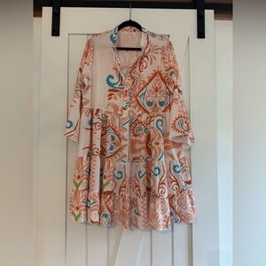 SELINK Long Sleeve Dresses Casual V Neck Tribal Print Button Flowy Mini Dress